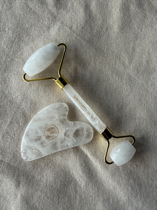     Clear quartz facial roller and gua sha set for sculpting massage and lymphatic support