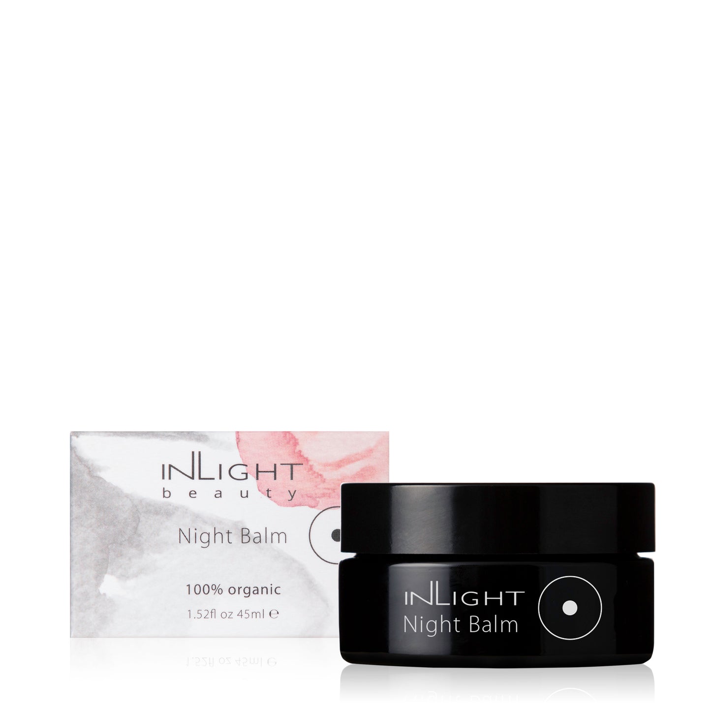 A jar and the packkaging of the inLight Night Balm 