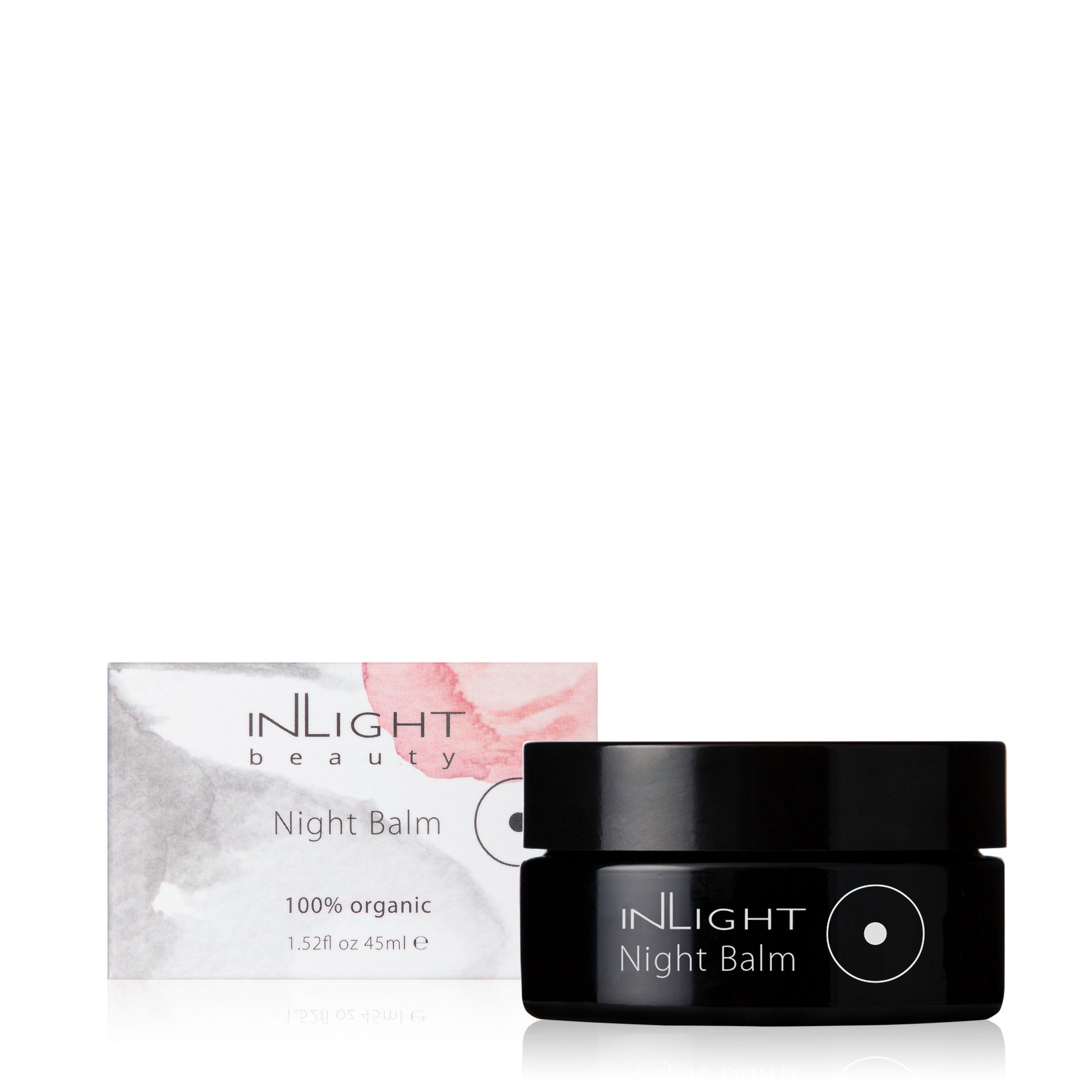A jar and the packkaging of the inLight Night Balm 