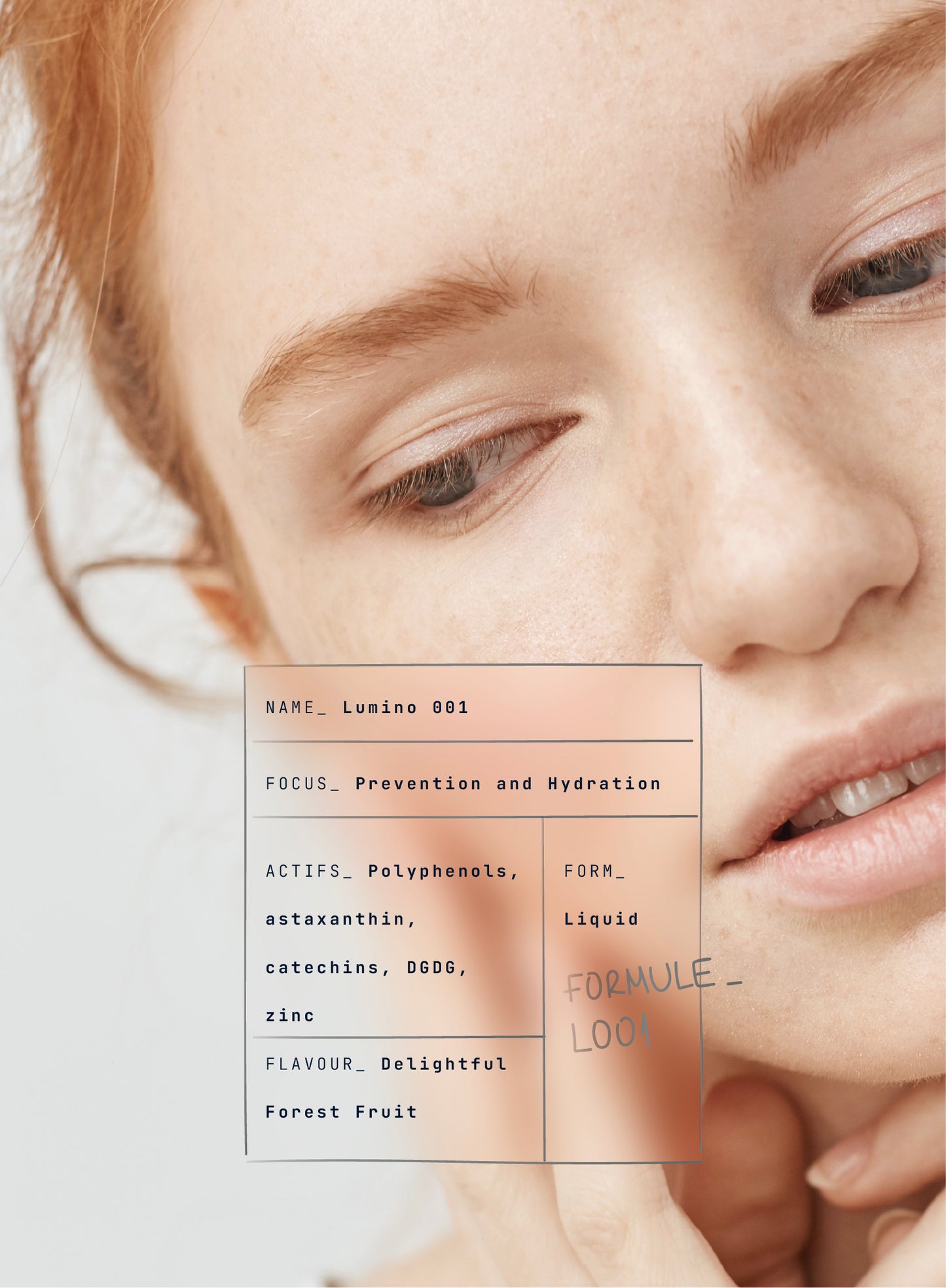 Close-up of a woman's face with product details for lumino 001 by aghne overlayed on a light background