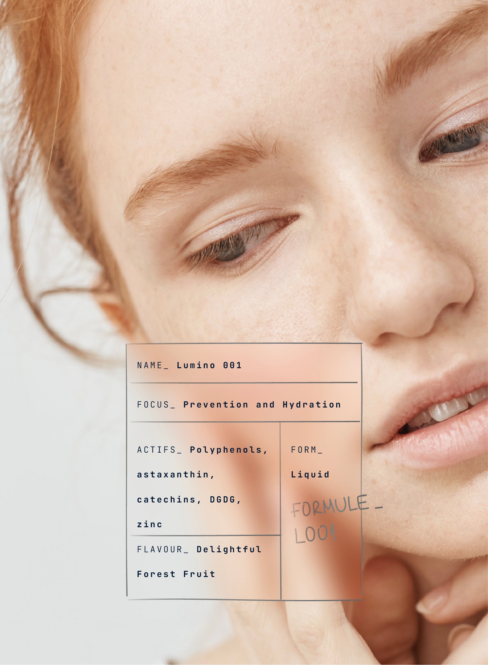 Close-up of a woman's face with product details for lumino 001 by aghne overlayed on a light background