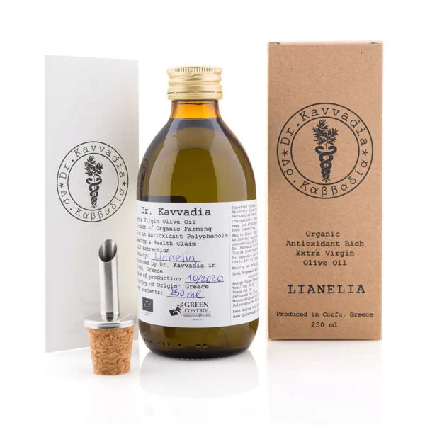 Dr. Kavvadia olive oil bottle with packaging on a white background