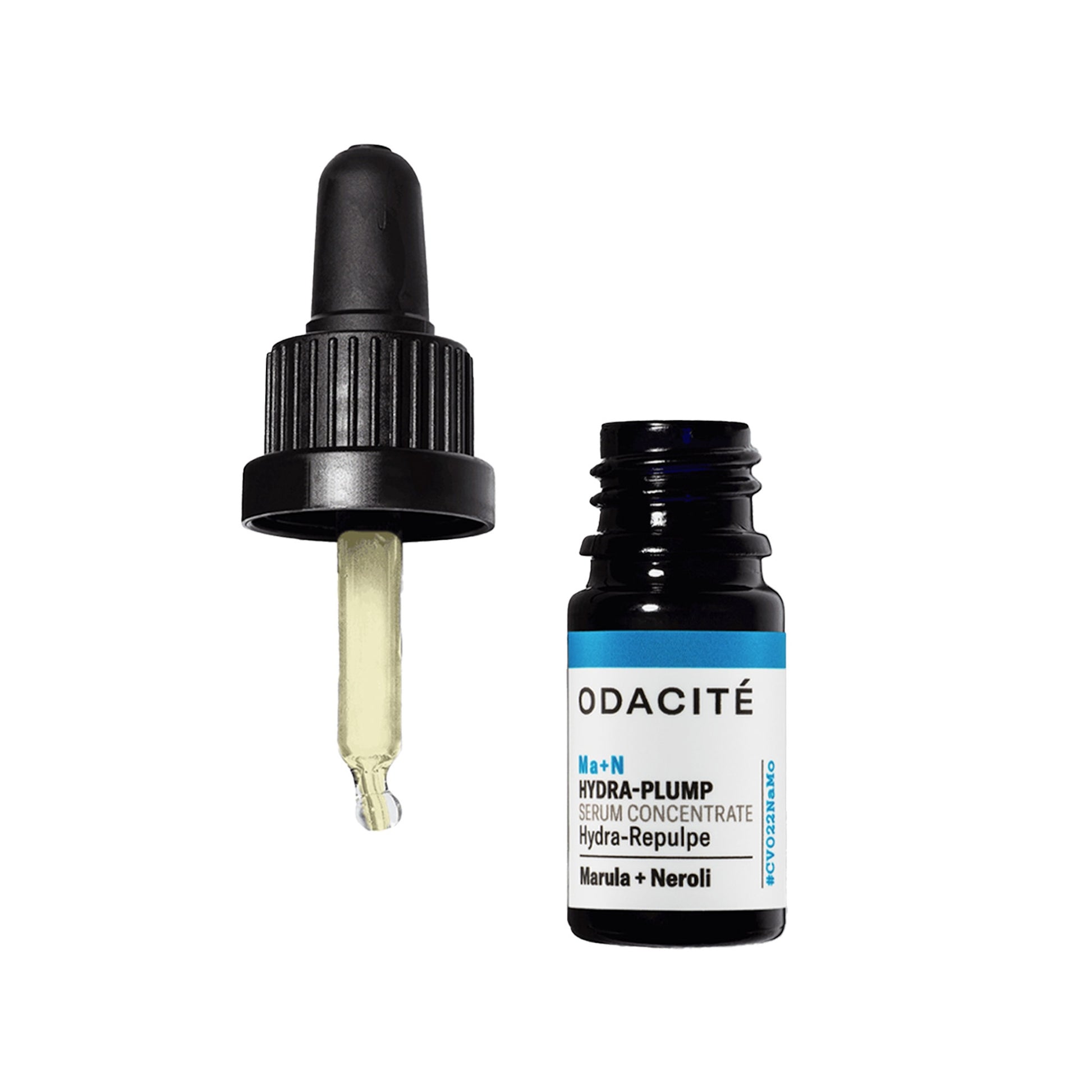 Odacite skincare Ma+N Hydra-plump serum with dropper on a white background
