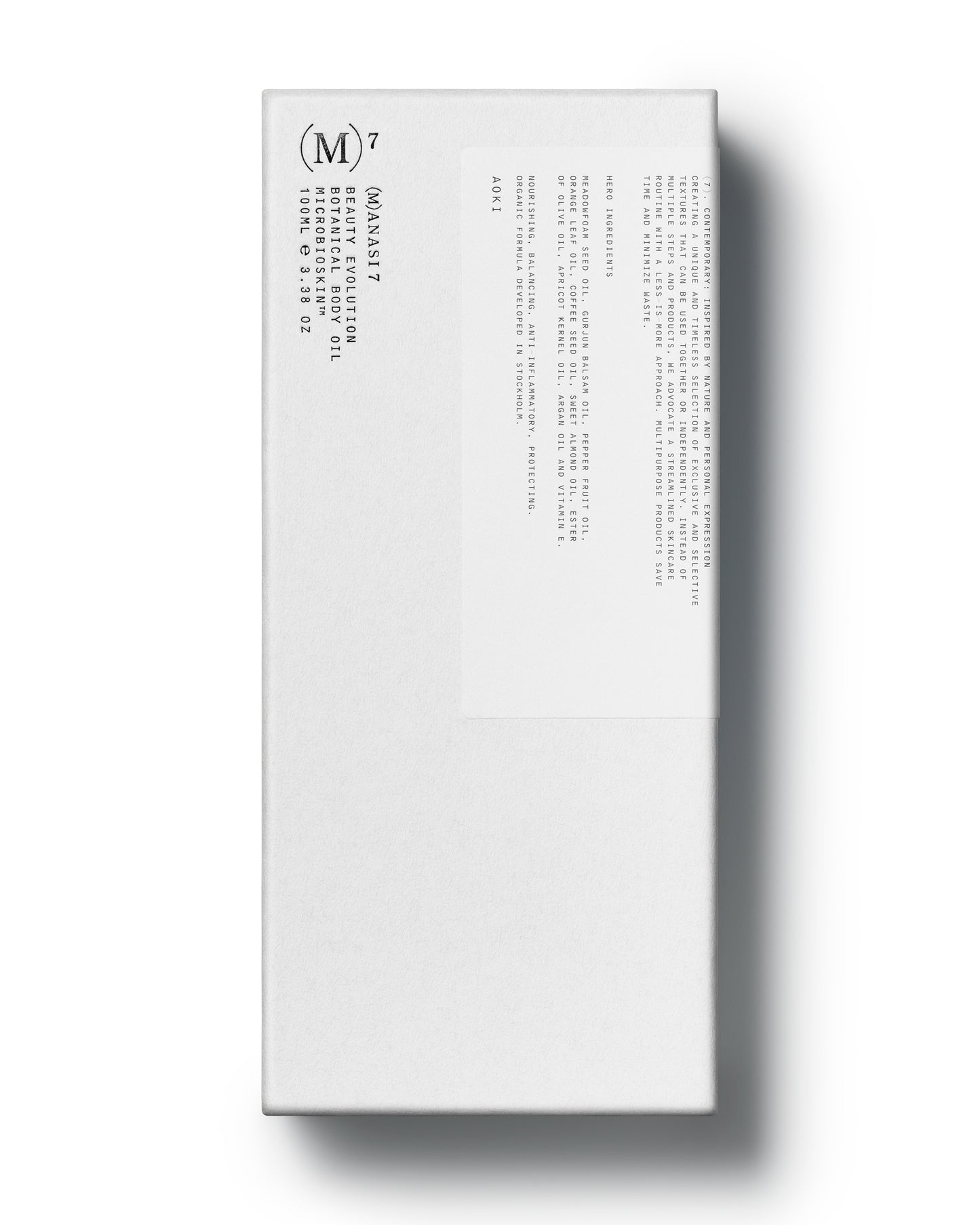 White box packaging of the Manasi 7 Botanical Body Oil 