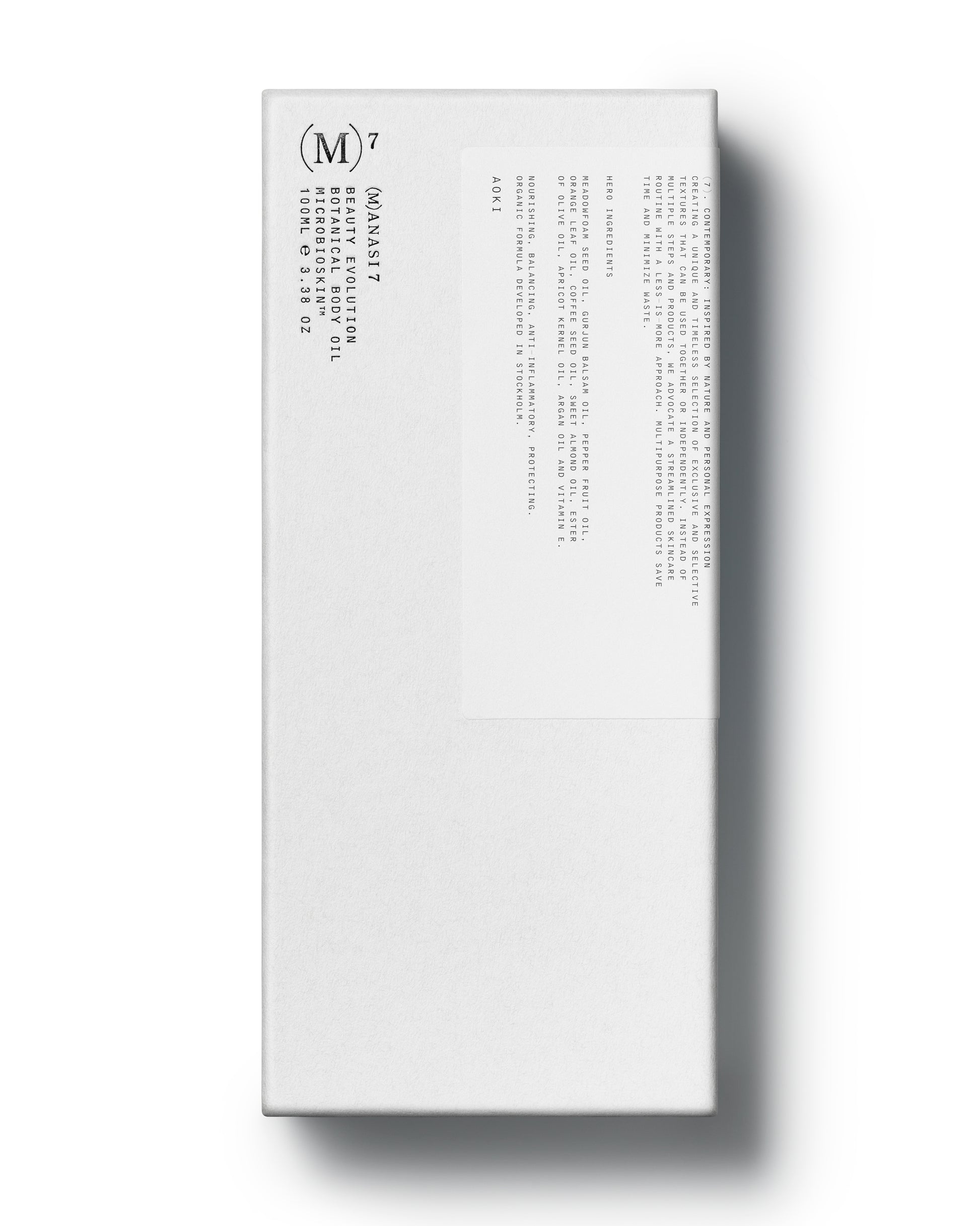 White box packaging of the Manasi 7 Botanical Body Oil 