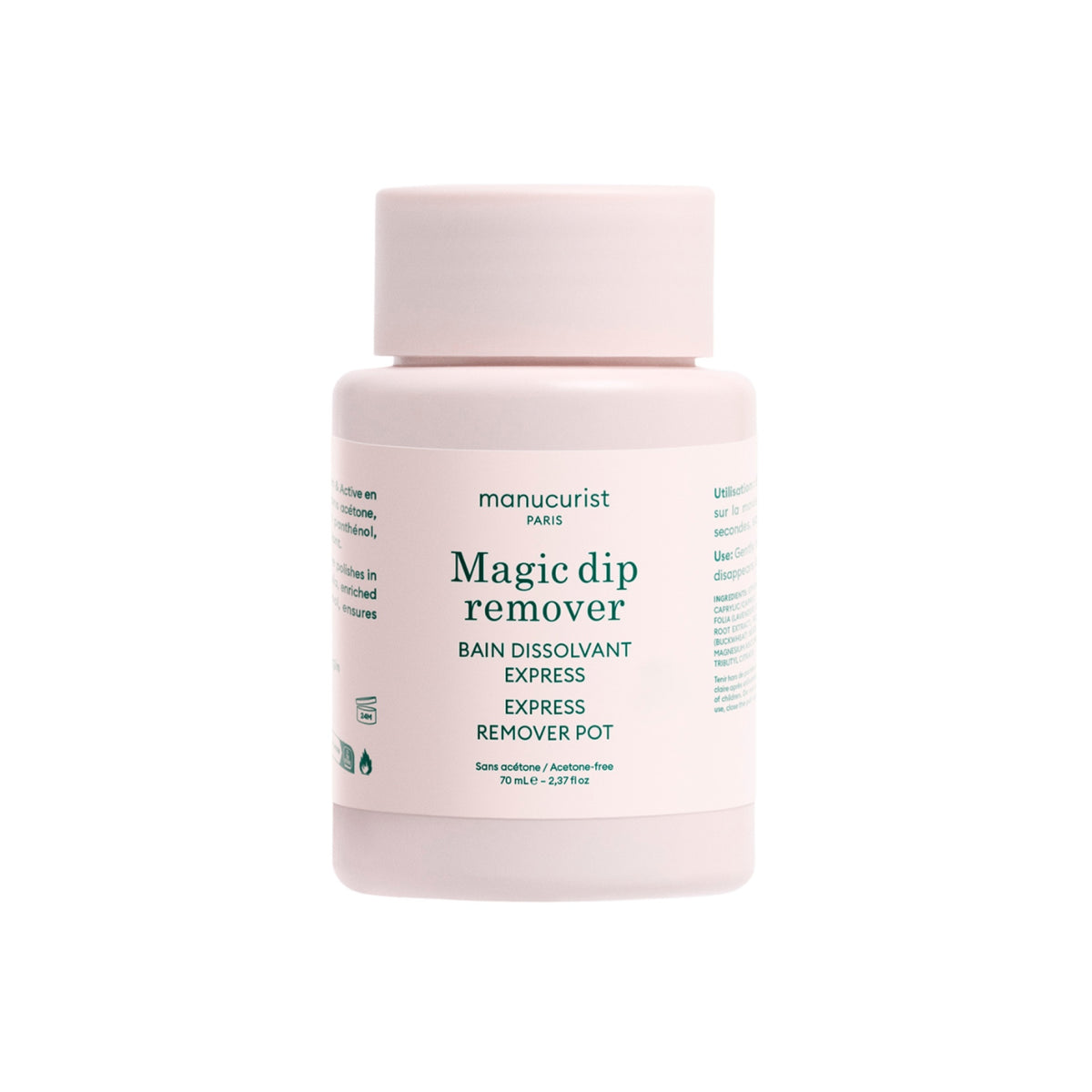 Pink bottle of manucurist Magic dip remover 70ml aceton free express nail polish remover on a white background