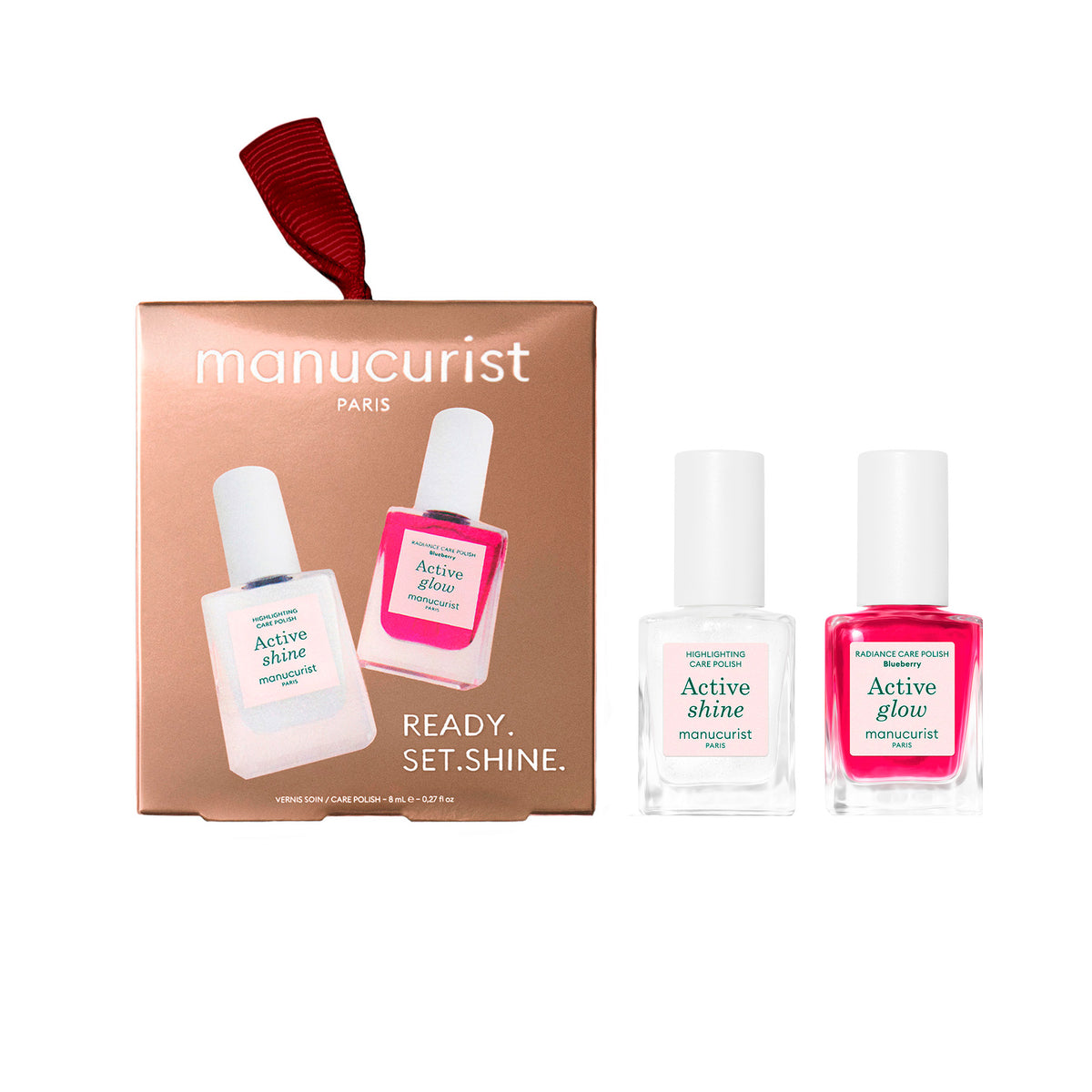 Manucurist Ready Set Shine nail care gift set with Active Shine pearlescent polish and Active Glow Blueberry pink polish, two 8 ml bottles.