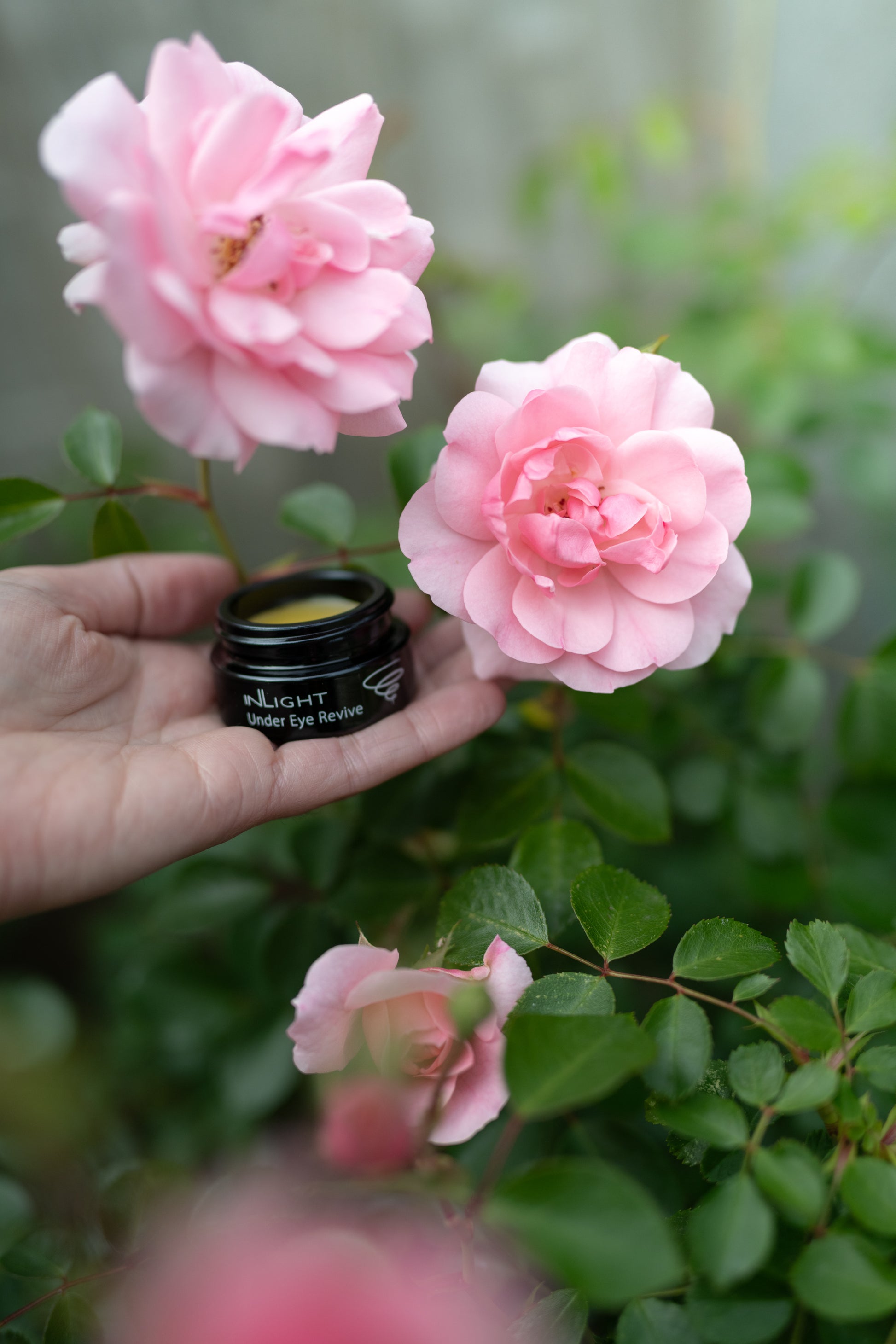 A hand holding the Inlight Under eye revive in front of some flowers