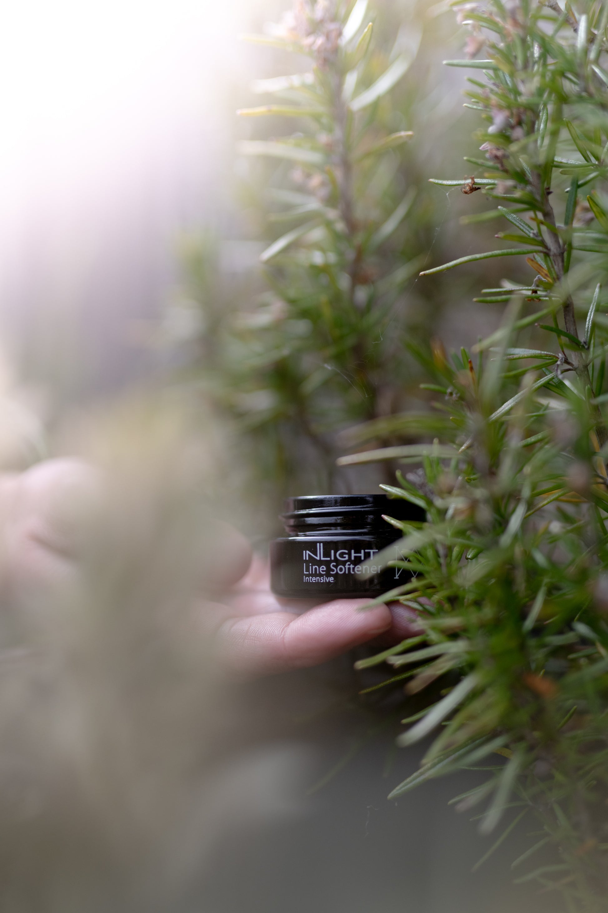 A jar of the Inlight Line Softener Intensive infront of some plants
