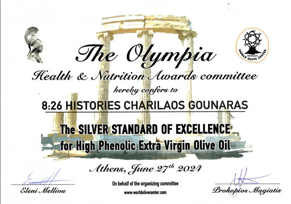 Certificate from Olympia Health & Nutrition Awards committee for high phenolic extra virgin olive oil for 8:26 Histories olive oil 