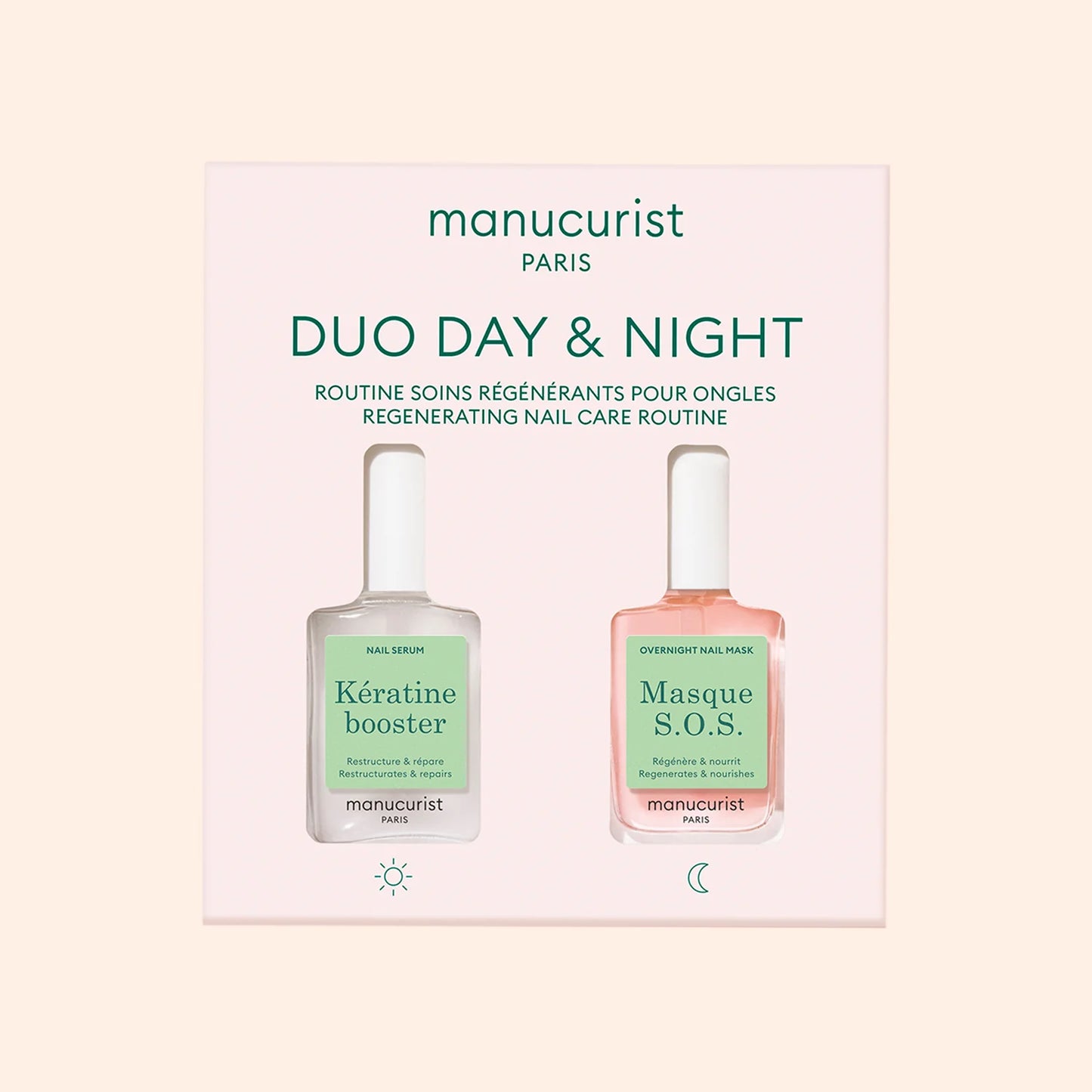 Manucurist Day & Night Duo – keratin nail repair and overnight hydration treatment for fragile nails.