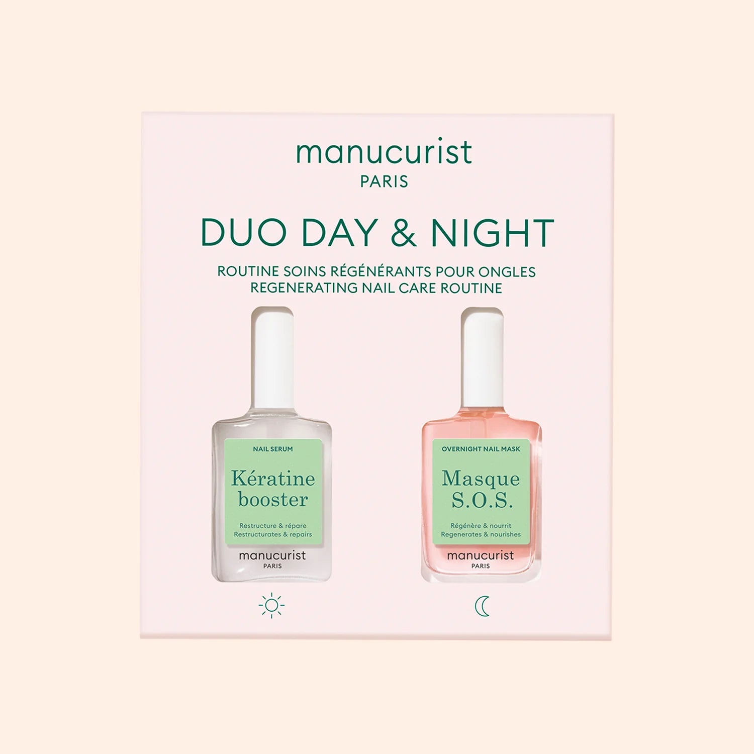 Manucurist Day & Night Duo – keratin nail repair and overnight hydration treatment for fragile nails.
