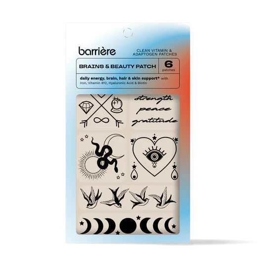 Pack of barriere Brains & Beauty Patch with designs and text on a white background