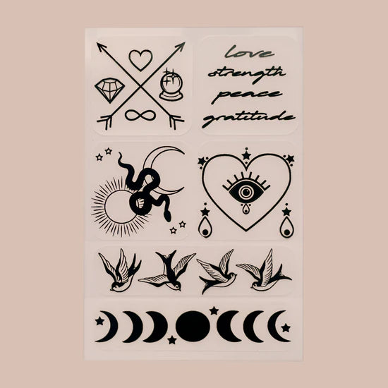 Sheet of barriere Brains & Beauty Patch with various designs including arrows, hearts, and birds on a beige background.