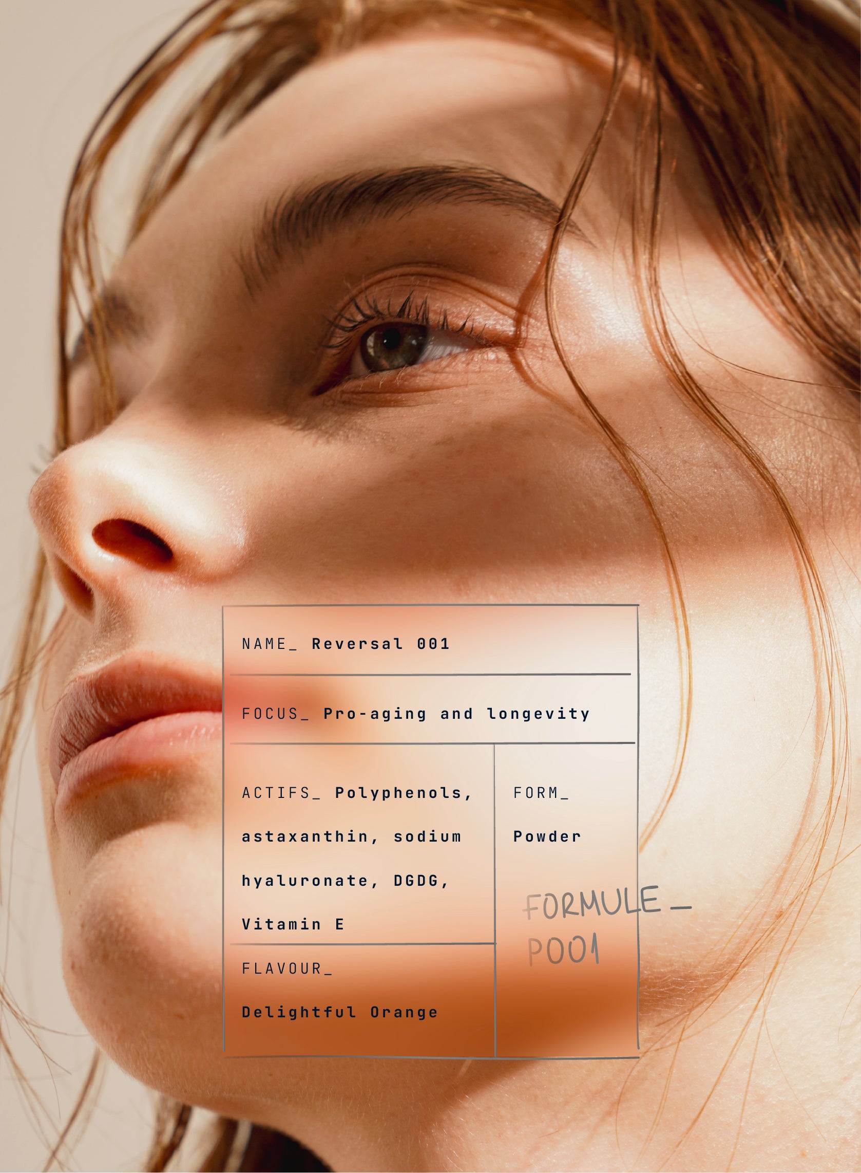 Close-up of a woman's face with a product label overlay with information on reversal 001 by aghne on a beige background