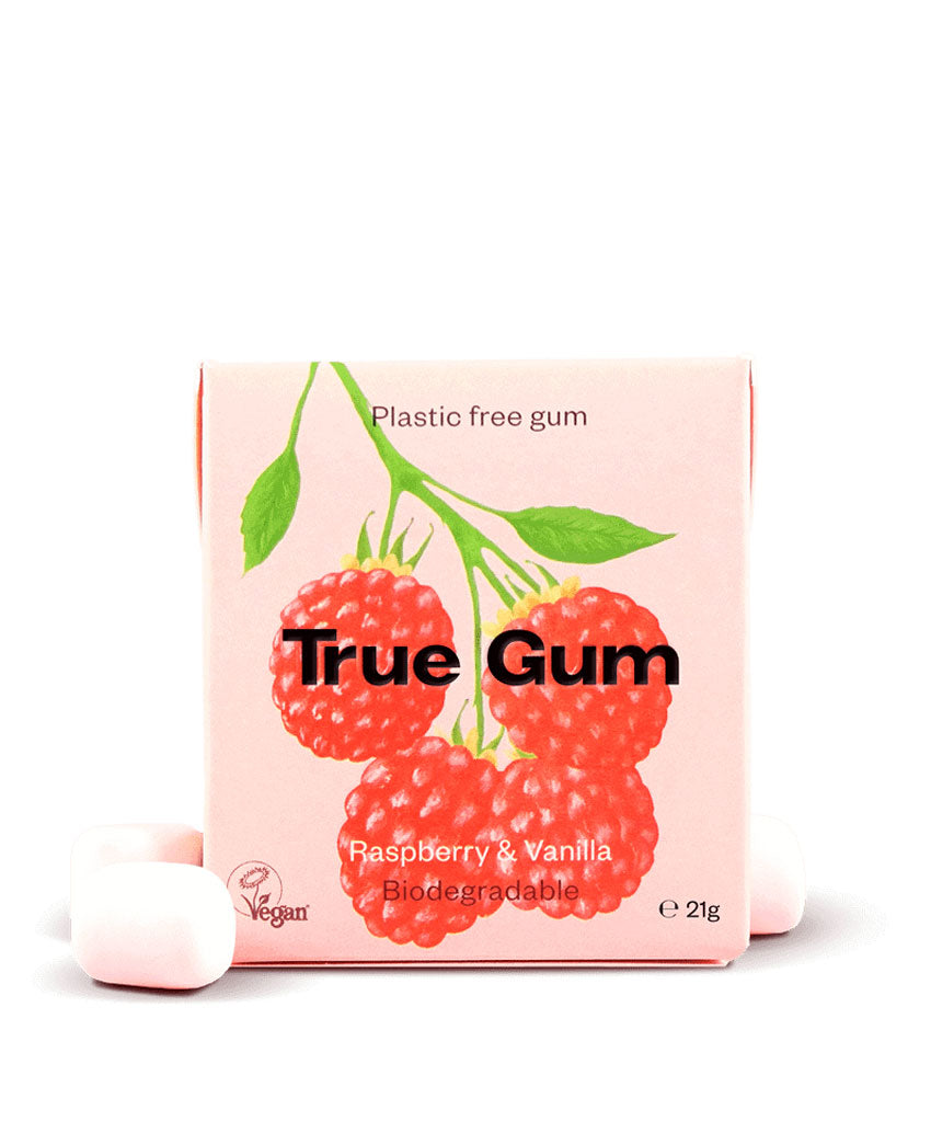 The packaging of True Gum Raspberry & Vanilla on a white background