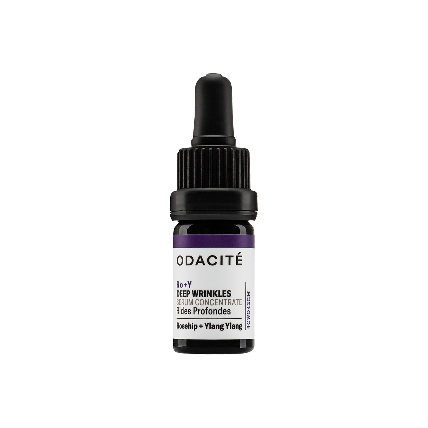 Odacite ro+y deep wrinkles skincare serum bottle with black cap and white label on a white background