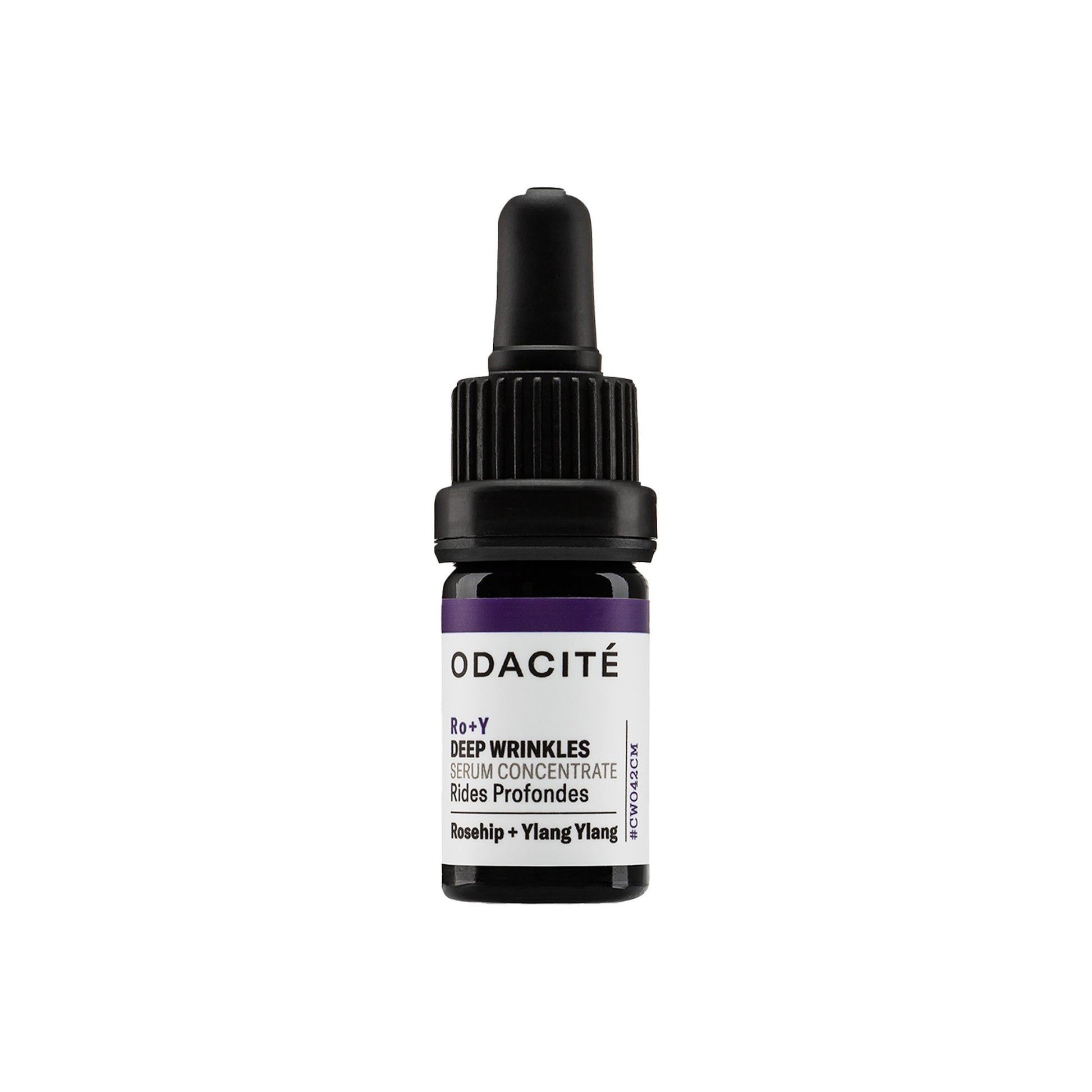 Odacite ro+y deep wrinkles skincare serum bottle with black cap and white label on a white background