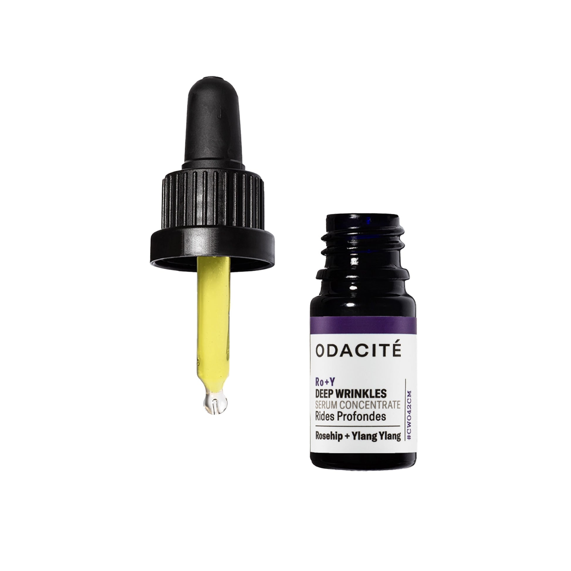 Odacite ro+y deep wrinkles skincare serum bottle with dropper on a white background