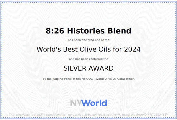 Certificate declaring 8:26 Histories Blend as one of the world's best olive oils for 2024 with a silver award from NW World.