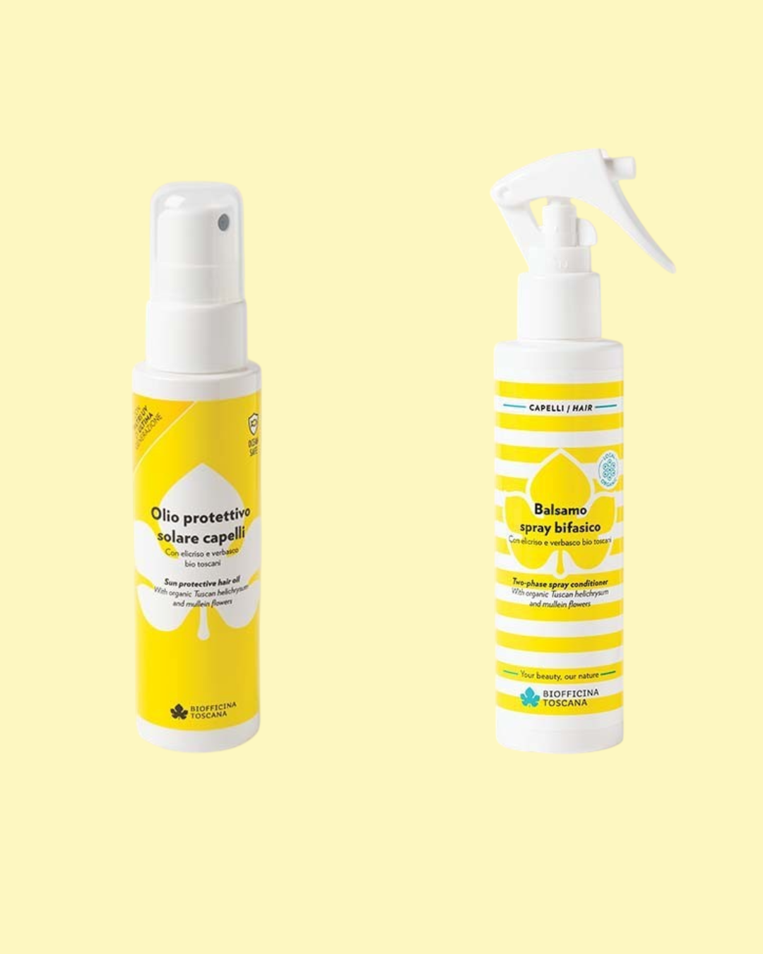 Two spray bottles, the sun protective hair oil and the two-phase spray conditioner by Biofficina Toscana with yellow labels on a light yellow background