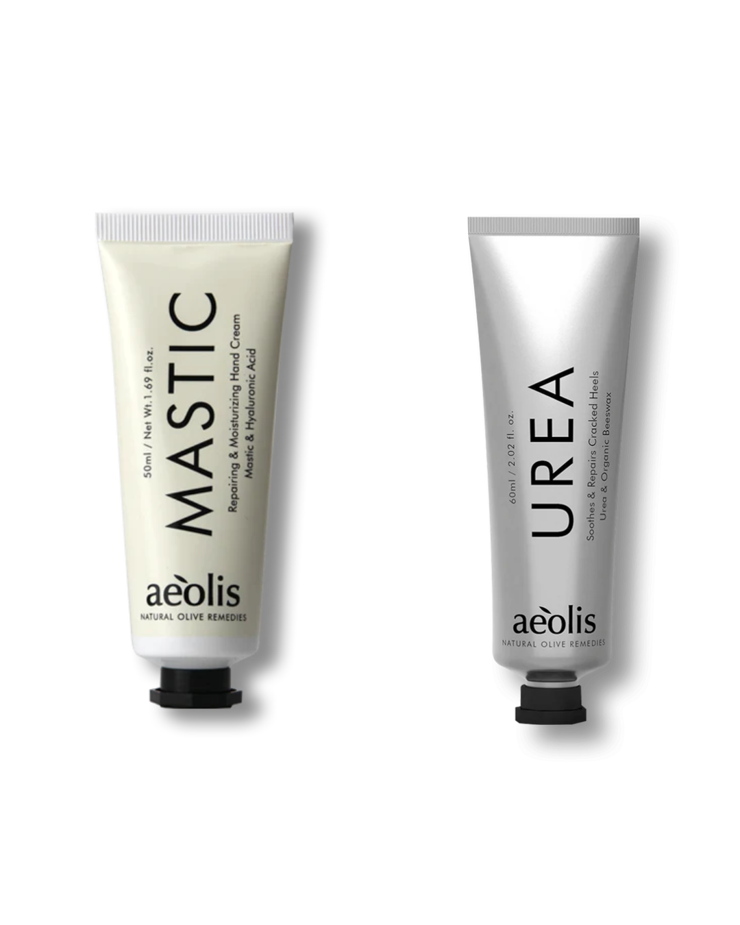 Two tubes of aeolis hand cream, one labeled 'Mastic' and the other 'Urea', on a white background.