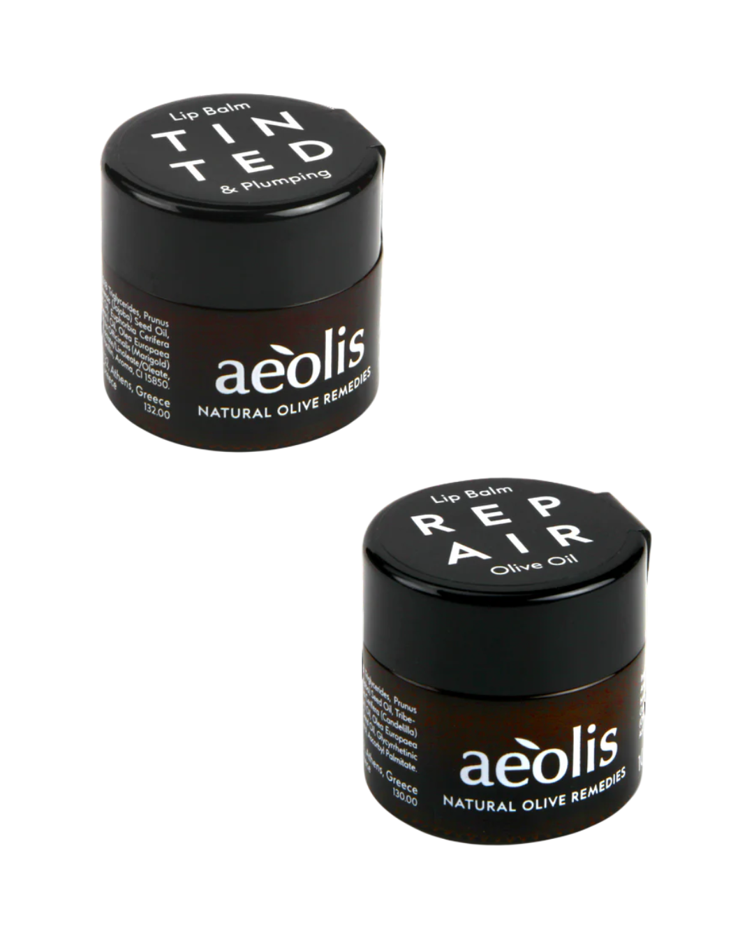 Two lip balm jars, the tinted & plumping lip balm and the Repair lip balm from aeolis on a white background
