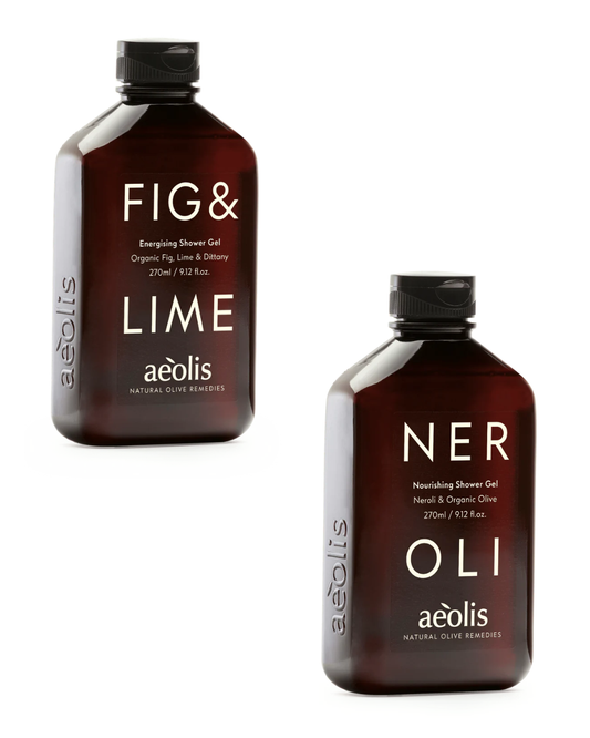 Two bottles of aeolis shower gel, one labeled 'Fig & Lime' and the other 'Neroli', on a white background.