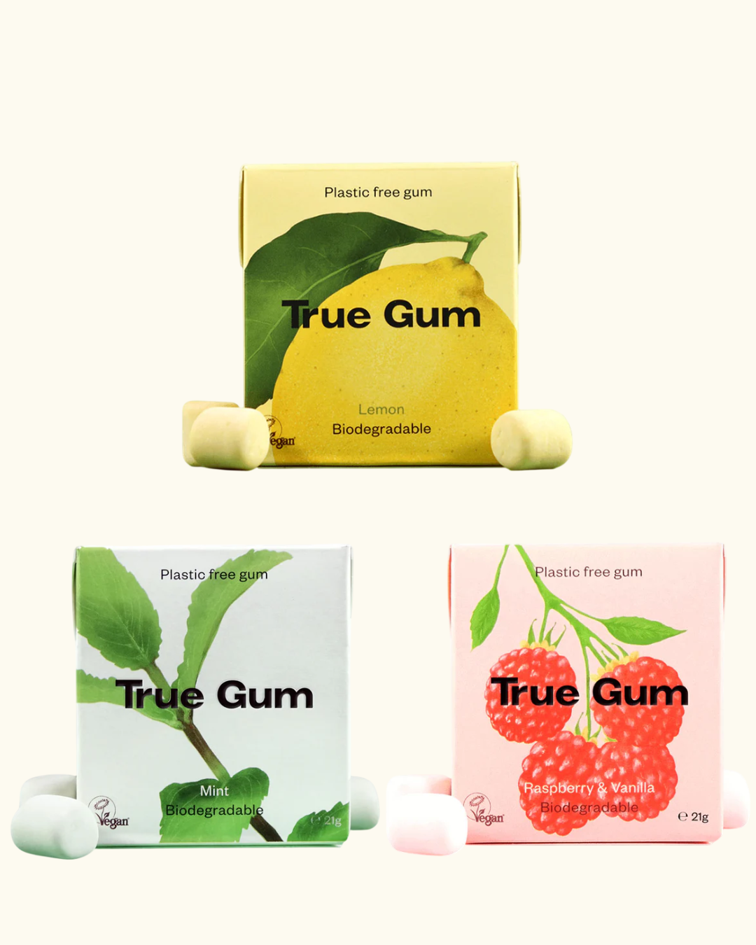 Three boxes of True Gum with different flavors on a white background