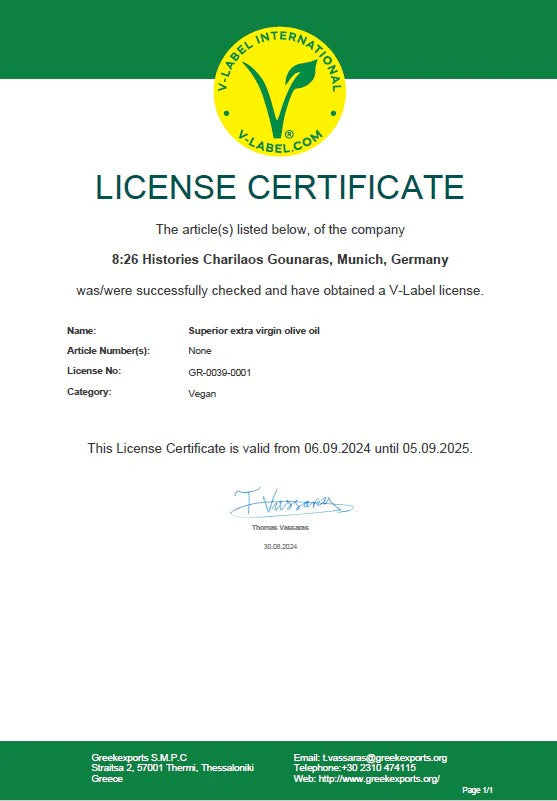 License certificate for V-Label international on a white background for 8:26 Histories olive oil 
