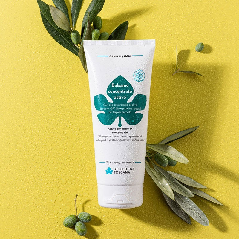 Tube of Biofficina Toscana Active Conditioner Concentrate with organic Tuscan extra virgin olive oil and vegetable proteins, placed on a yellow surface with olive branches and droplets of water.