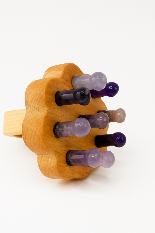 Amethyst crystal scalp massager on wooden base – Serendipity Muses holistic beauty tool
