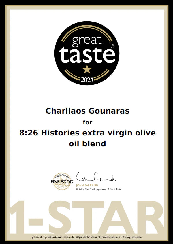 Great Taste 2024 award for Charilaos Gounaras' 8:26 Histories extra virgin olive oil blend
