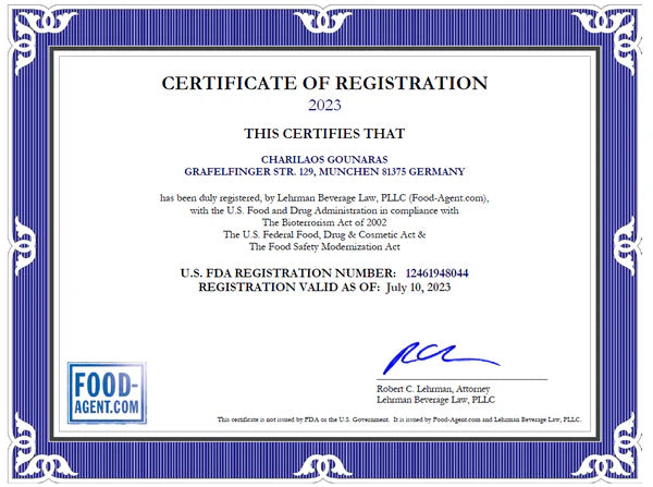 Certificate of FDA Registration with blue border and text details for the 8:26 Histories olive oil 