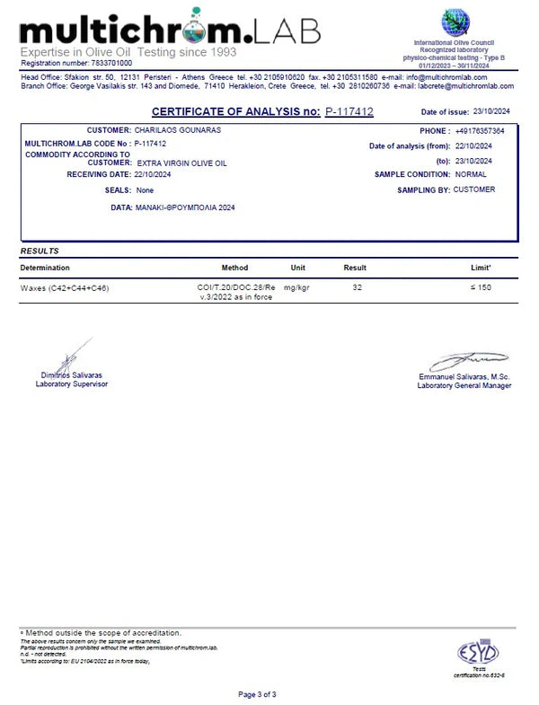 Multichrom LAB certificate of analysis for the 8:26 Histories olive oil 
