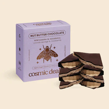 Box of Nut Butter Chocolate Wild Lavender & Macadamia with 'Cosmic Dealer' branding 