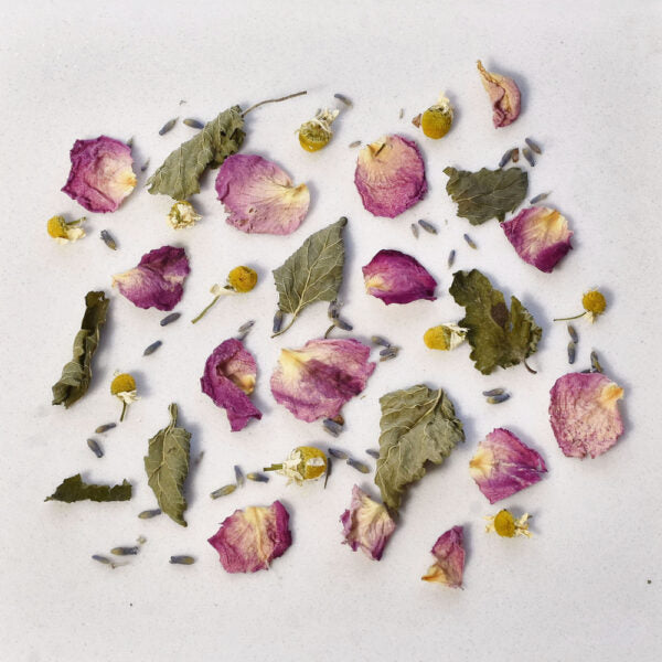 dried Rose petals, lemon balm, chamomile and lavender, the ingredients of Flowery Memories herbal blend by Arritos