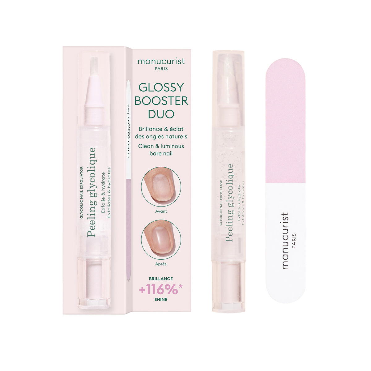 Manucurist Glossy Booster Duo with Glycolic Nail Exfoliator and Buffer Sponge for naturally shiny nails without polish.