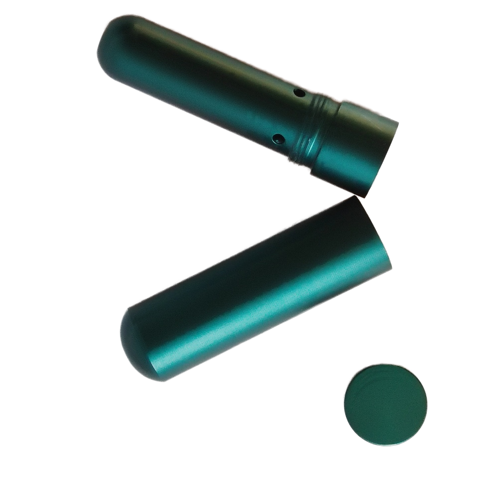 Green cylindrical nasal inhaler on a white background 