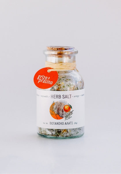 A mix of herbs and sea salt in a beautiful glass jar with cork lid. Greek flavour for every dish. 