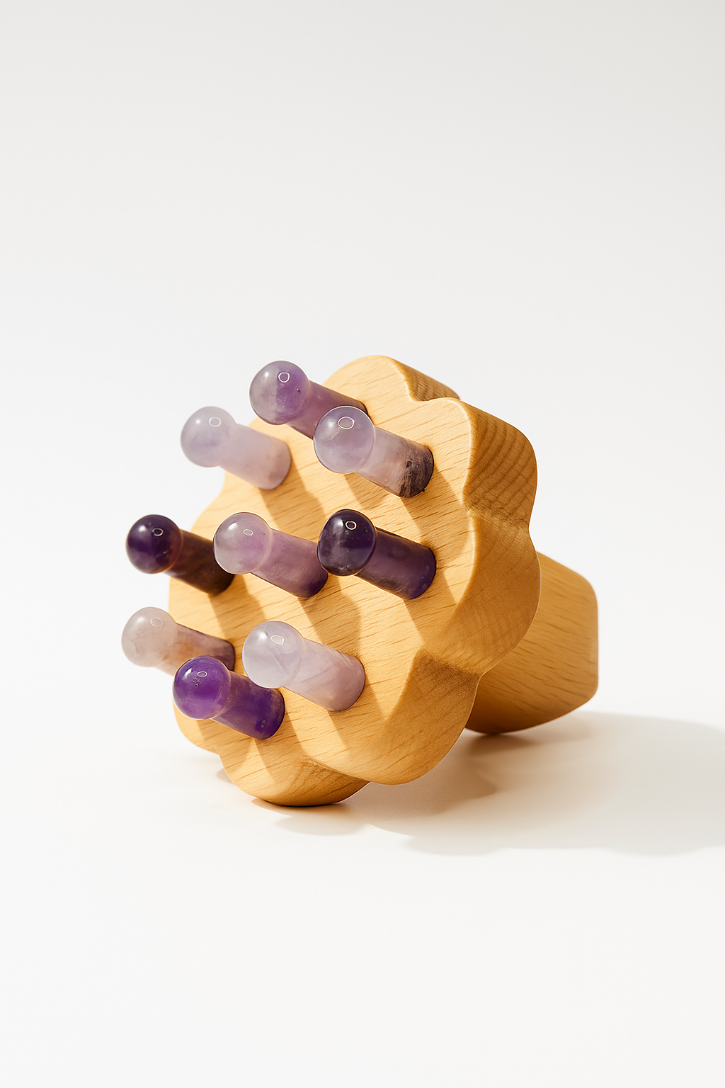 Amethyst crystal scalp massager on wooden base – Serendipity Muses holistic beauty tool
