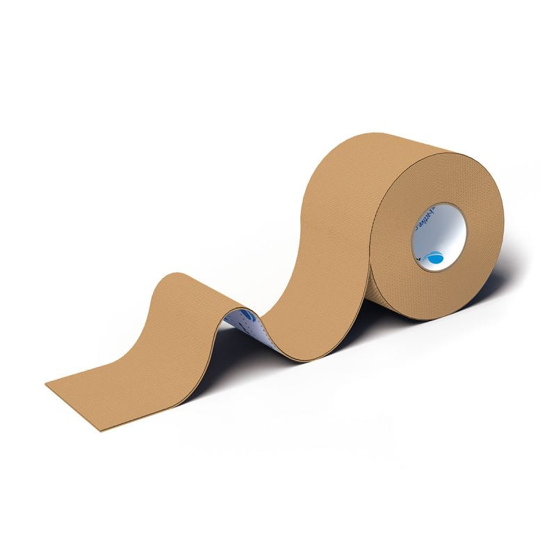 Beige kinesiology tape roll on a white background