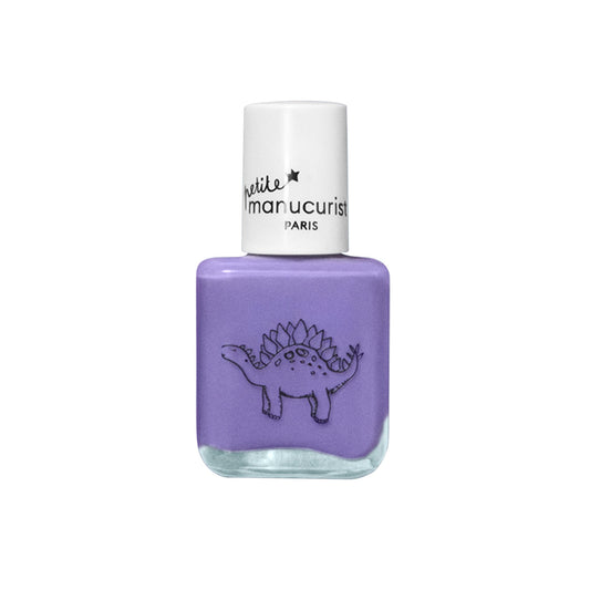 Purple nail polish bottle with a dinosaur design and 'Petite Manucuriste' branding on a white background