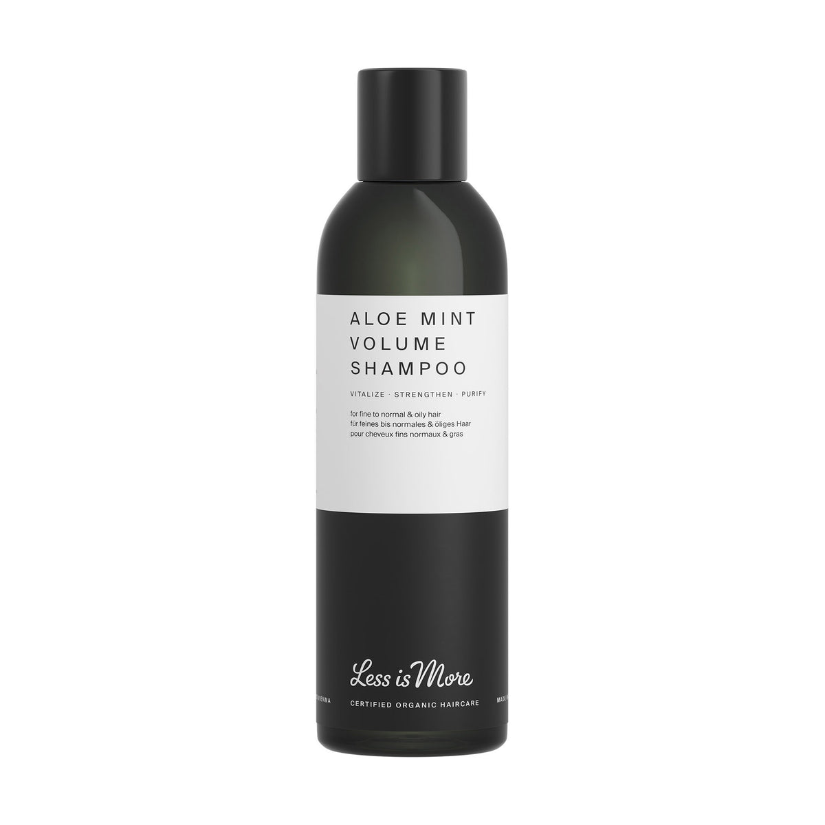 Less is More Aloe Mint Volume Shampoo 200ml in a dark bottle with minimalist white label – botanical shampoo for fine, normal and oily hair.