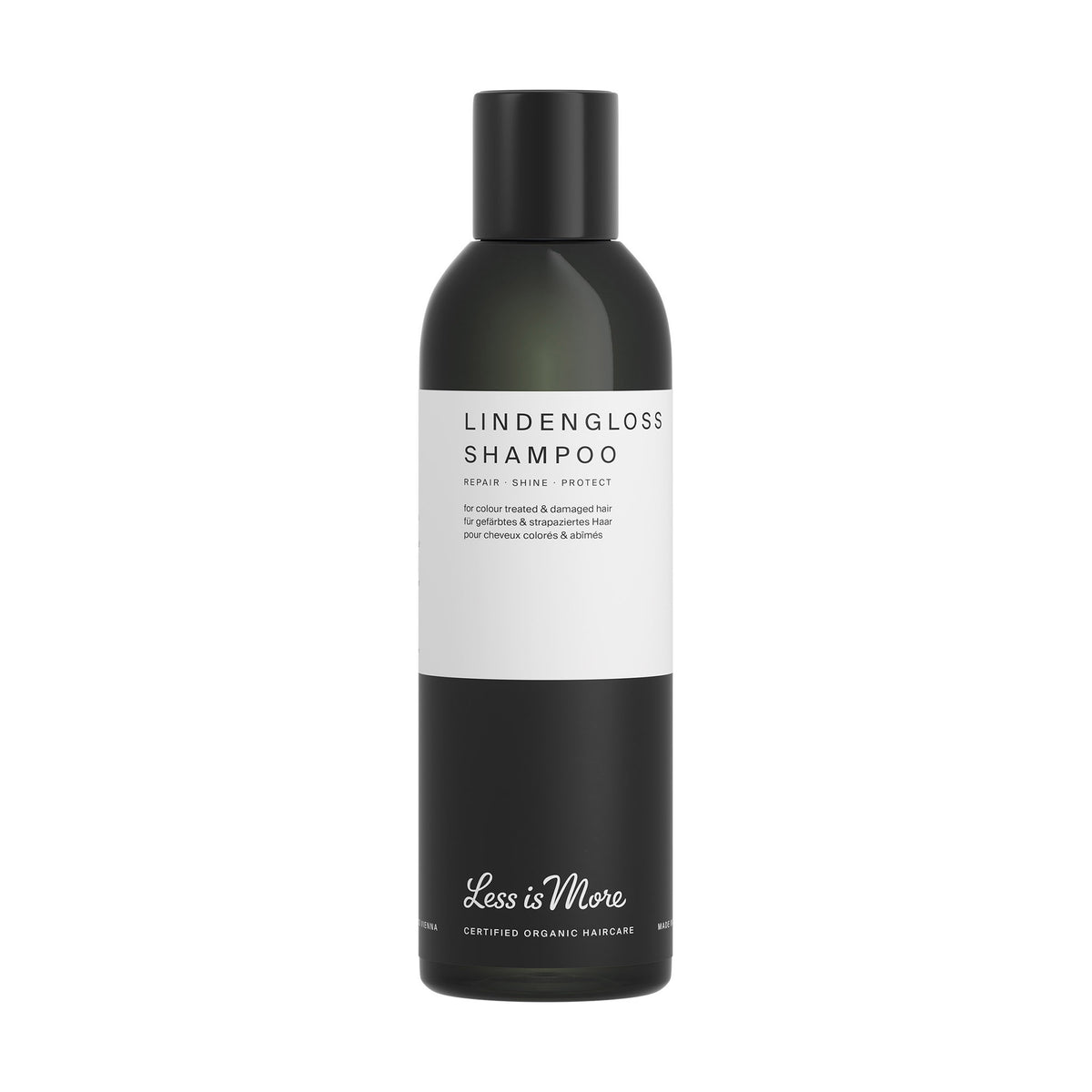Less is More Lindengloss Shampoo 200ml in a dark bottle with minimalist white label – botanical shampoo for colour-treated and damaged hair, formulated to restore shine and protect colour.