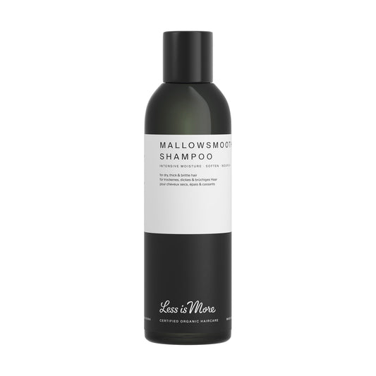 Less is More Mallowsmooth Shampoo 200ml – Botanical smoothing shampoo for dry, thick and brittle hair, with marshmallow root, aloe vera and pea protein for softness, hydration and manageability.