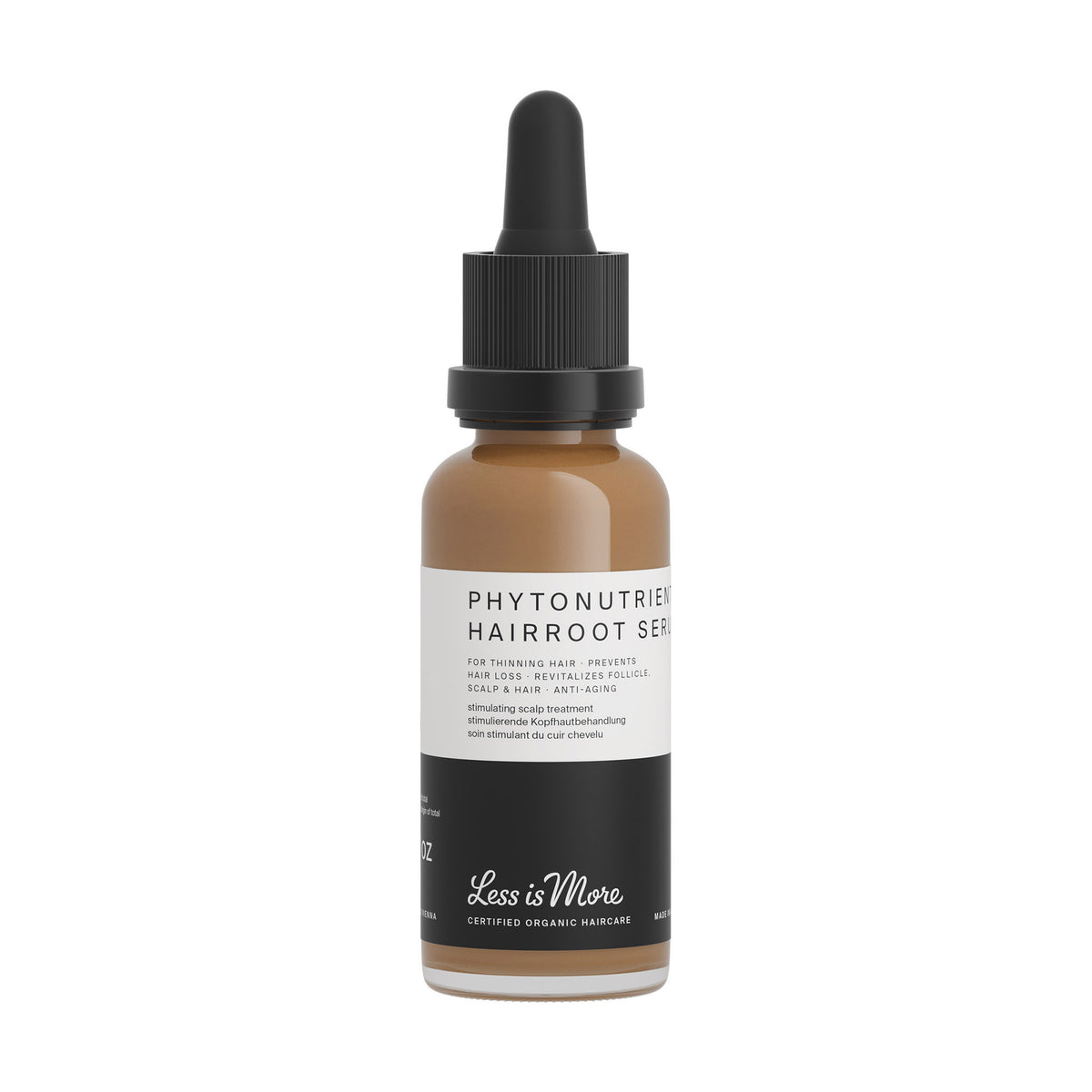 Less is More Phytonutrient Hairroot Serum 30ml in an amber glass dropper bottle with black cap – concentrated botanical scalp serum with pea sprout, apple stem cell and basil extracts for thinning hair.