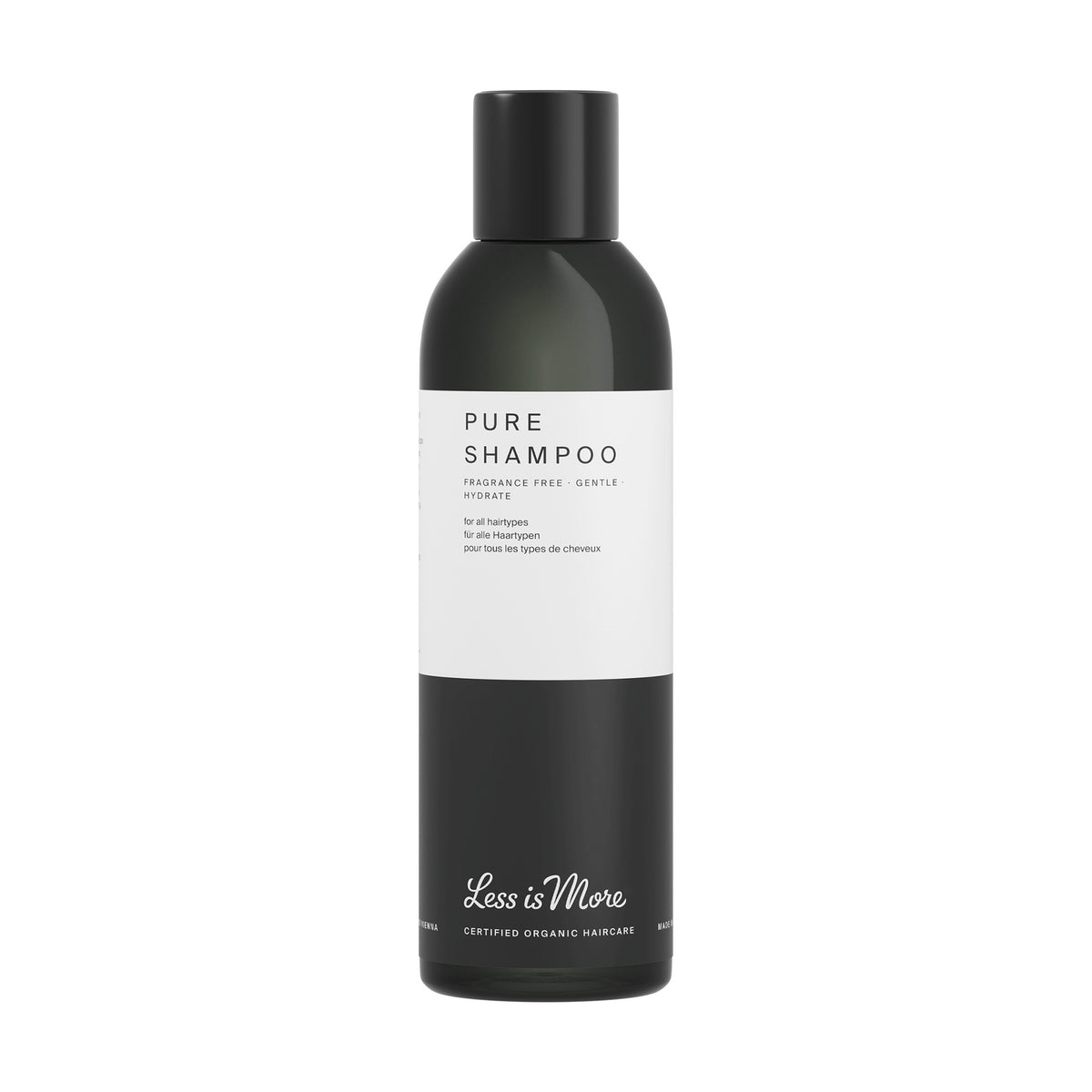 Less is More Pure Shampoo 200ml in a dark bottle with minimalist white label – fragrance-free botanical shampoo with aloe vera and pea protein for gentle cleansing and hydration.