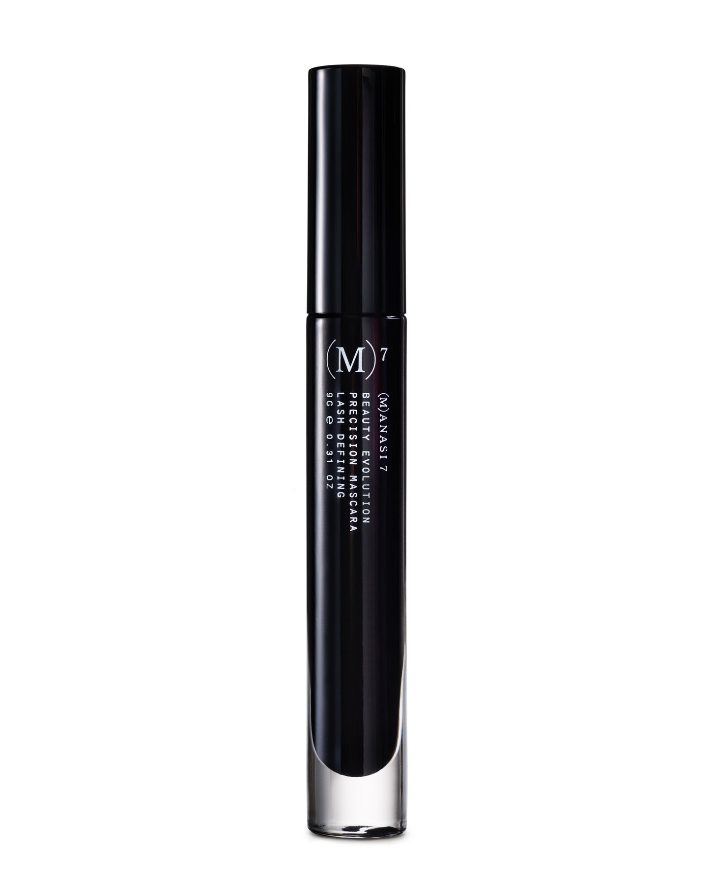 A sleek black tube of Manasi 7 Precision Mascara with white text on the front, displayed upright against a white background.