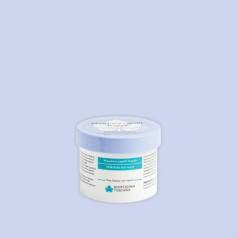 Jar of Biofficina Toscana Milkshake hair mask on a light purple background